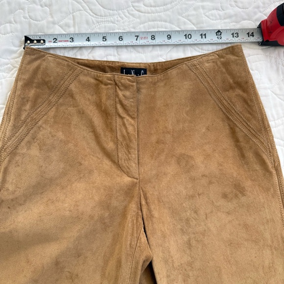 INC 100% Leather Suede Tan Flat Front Straight Leg Stitch Detail Pants WMs 2 EUC - Picture 5 of 11